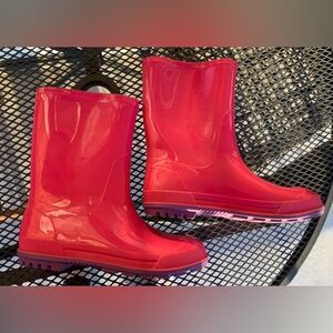 Girls pink rain boots rubber pull on flat mid-calf round toe size 2-3